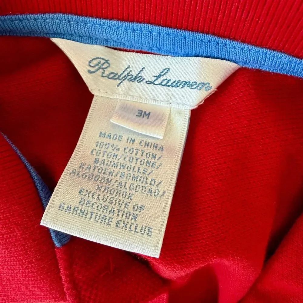 Ralph Lauren Baby Boy Red Cotton Polo Romper Shortall Size 3 Months 100% Cotton